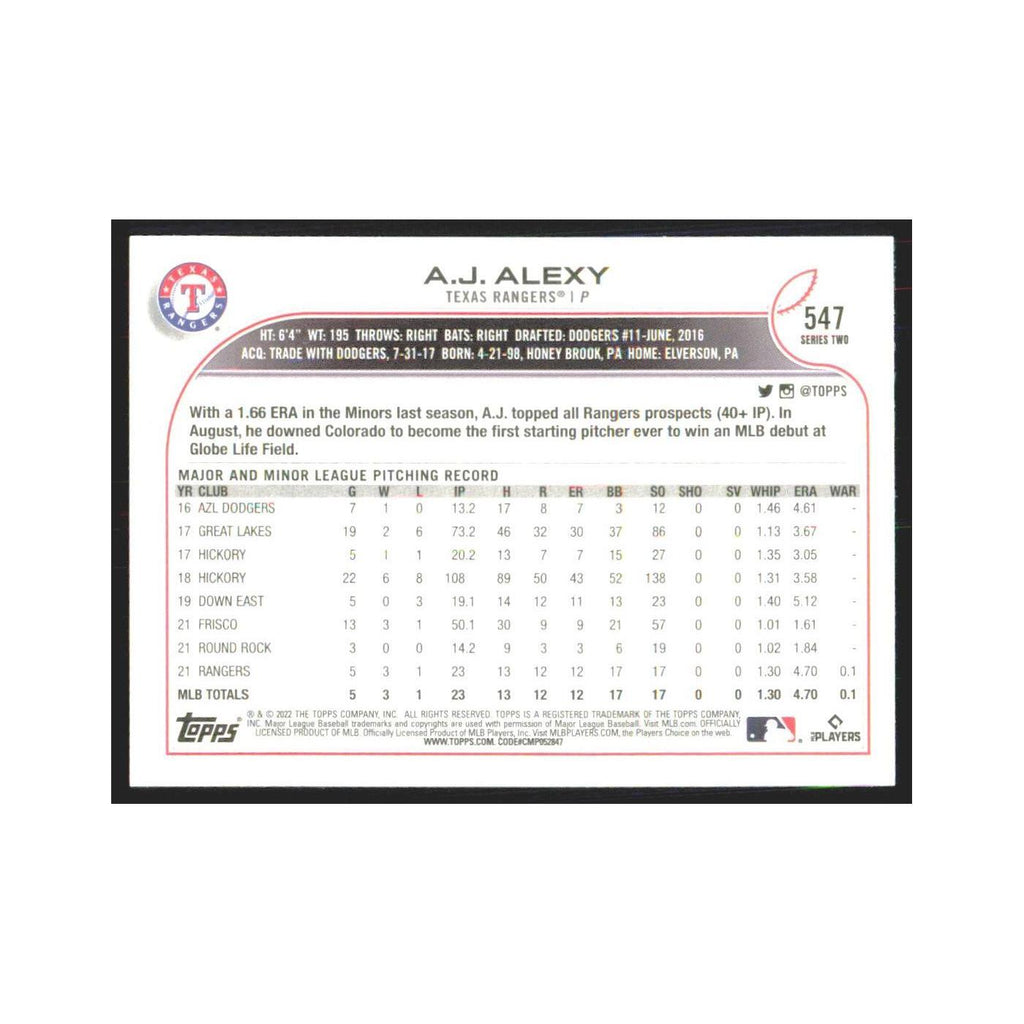 2022 Topps A.J. Alexy RC Rangers #547