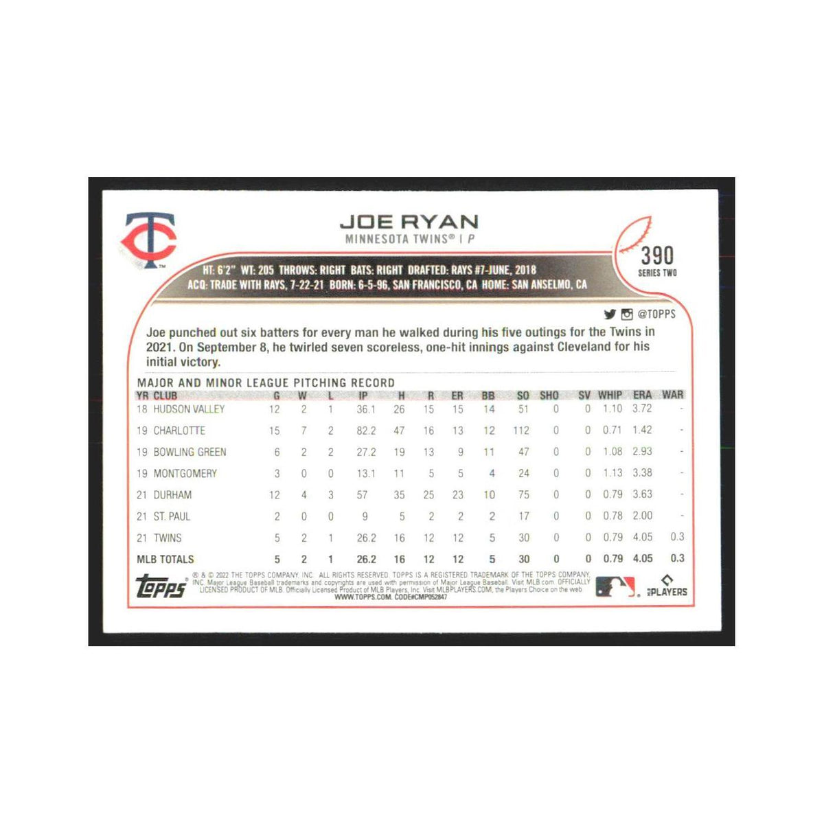2022 Topps Joe Ryan RC Twins #390
