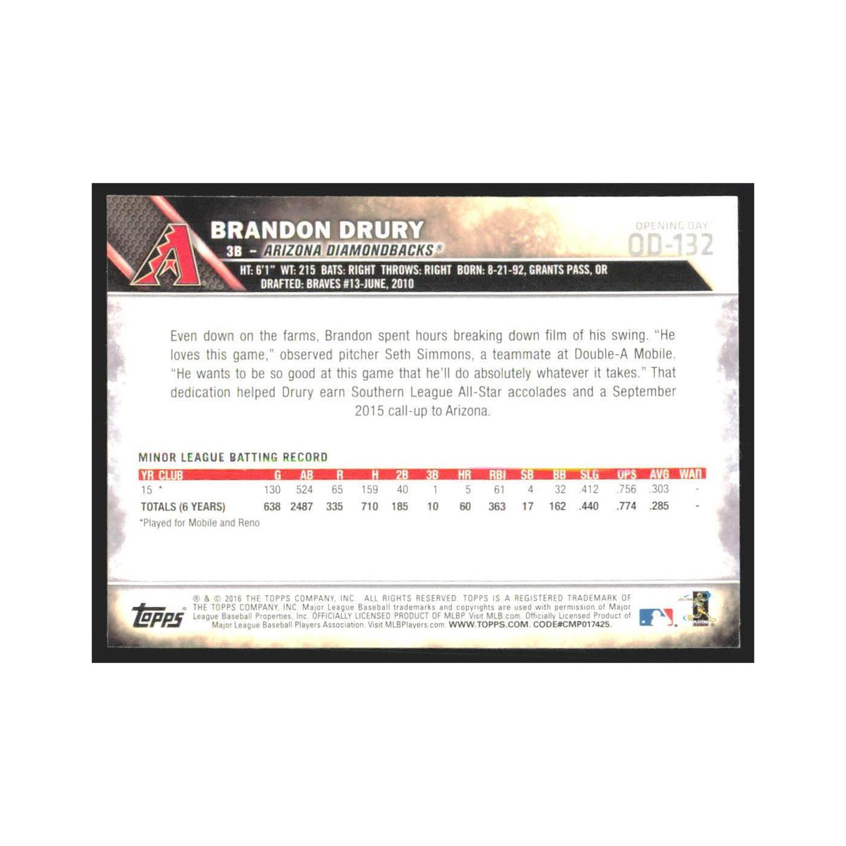 1990 Upper Deck Brandon Drury RC Diamondbacks #OD-132