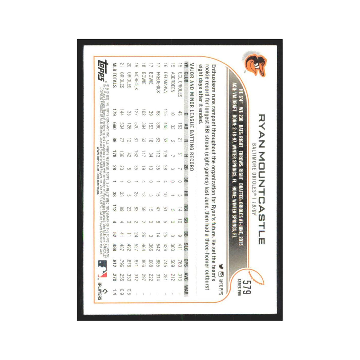 2022 Topps Ryan Mountcastle Orioles #579
