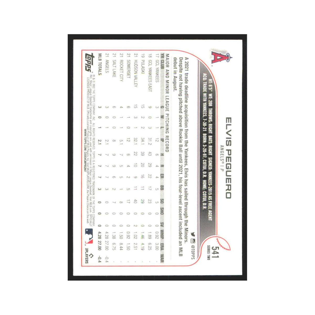 2022 Topps Elvis Peguero RC Angels #541