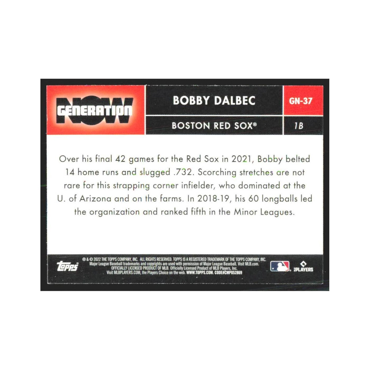 2022 Topps Bobby Dalbec Red Sox #GN-37