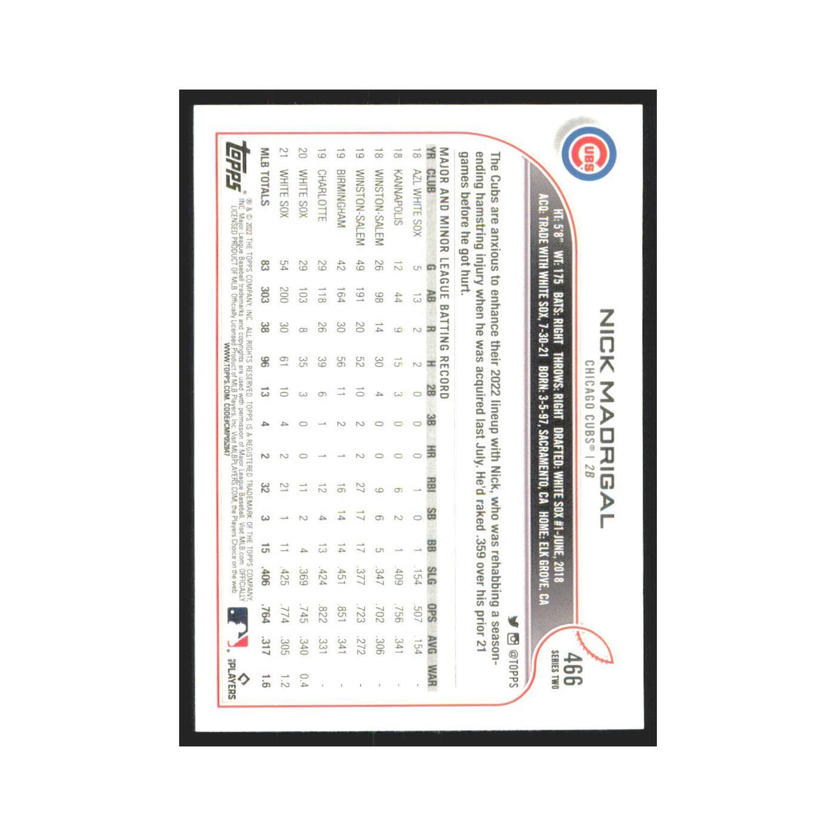 2022 Topps Nick Madrigal Cubs #466
