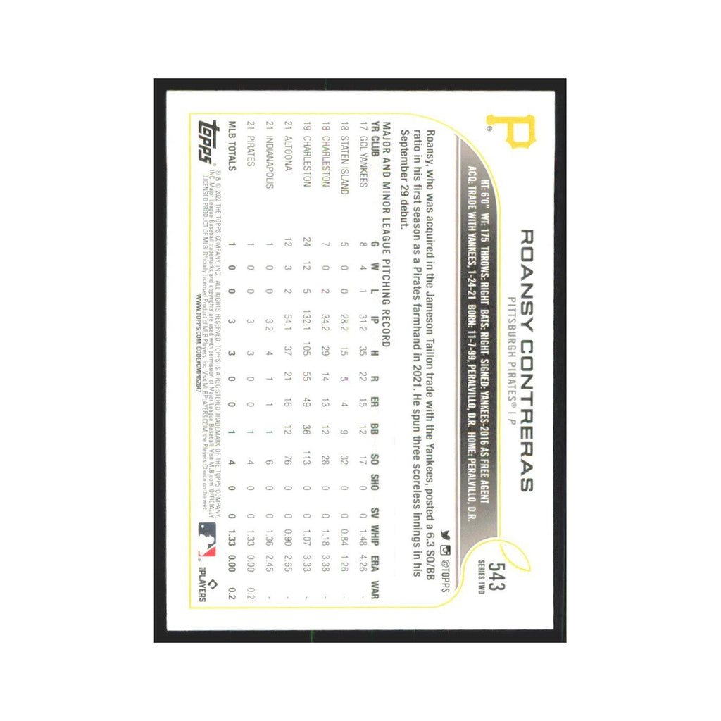 2022 Topps Roansy Contreras RC Pirates #543