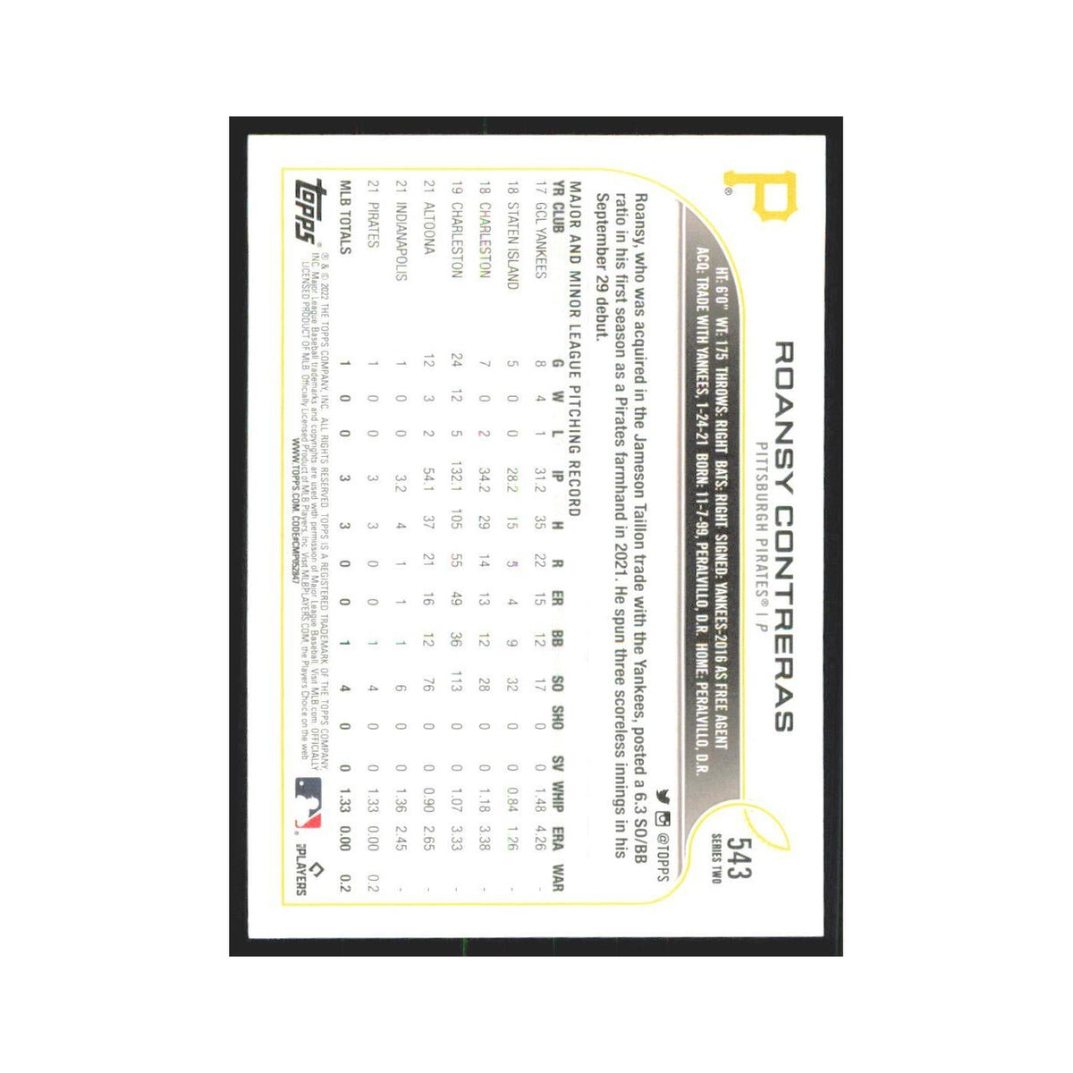2022 Topps Roansy Contreras RC Pirates #543