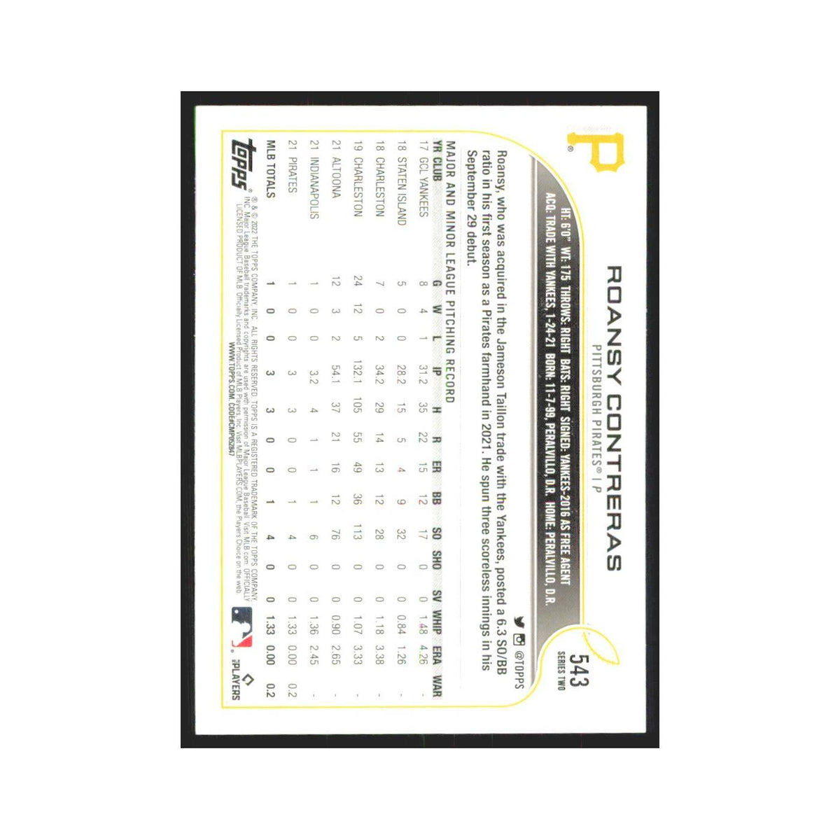 2022 Topps Roansy Contreras RC Pirates #543