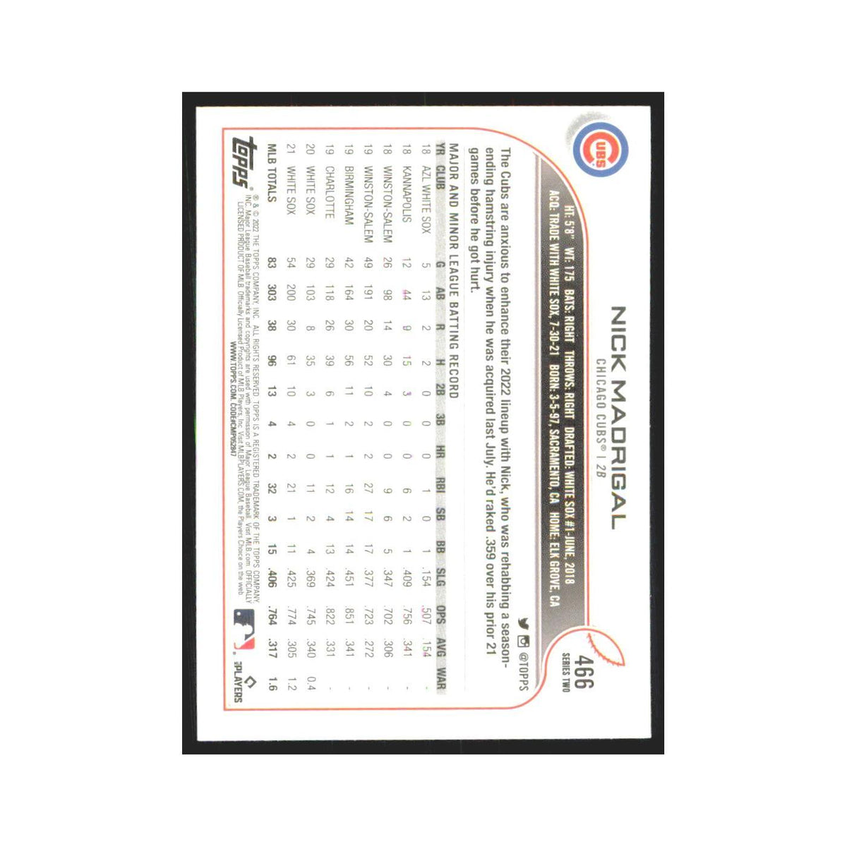 2022 Topps Nick Madrigal Cubs #466