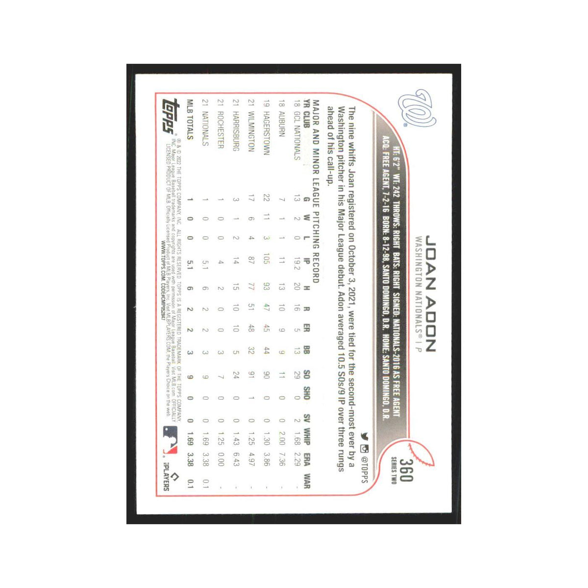 2022 Topps Joan Adon RC Nationals #360