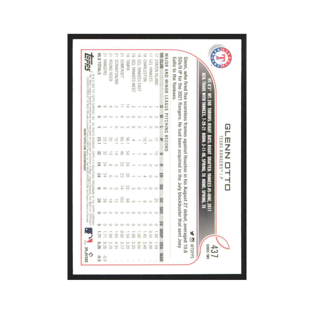 2022 Topps Glenn Otto RC Rangers #437