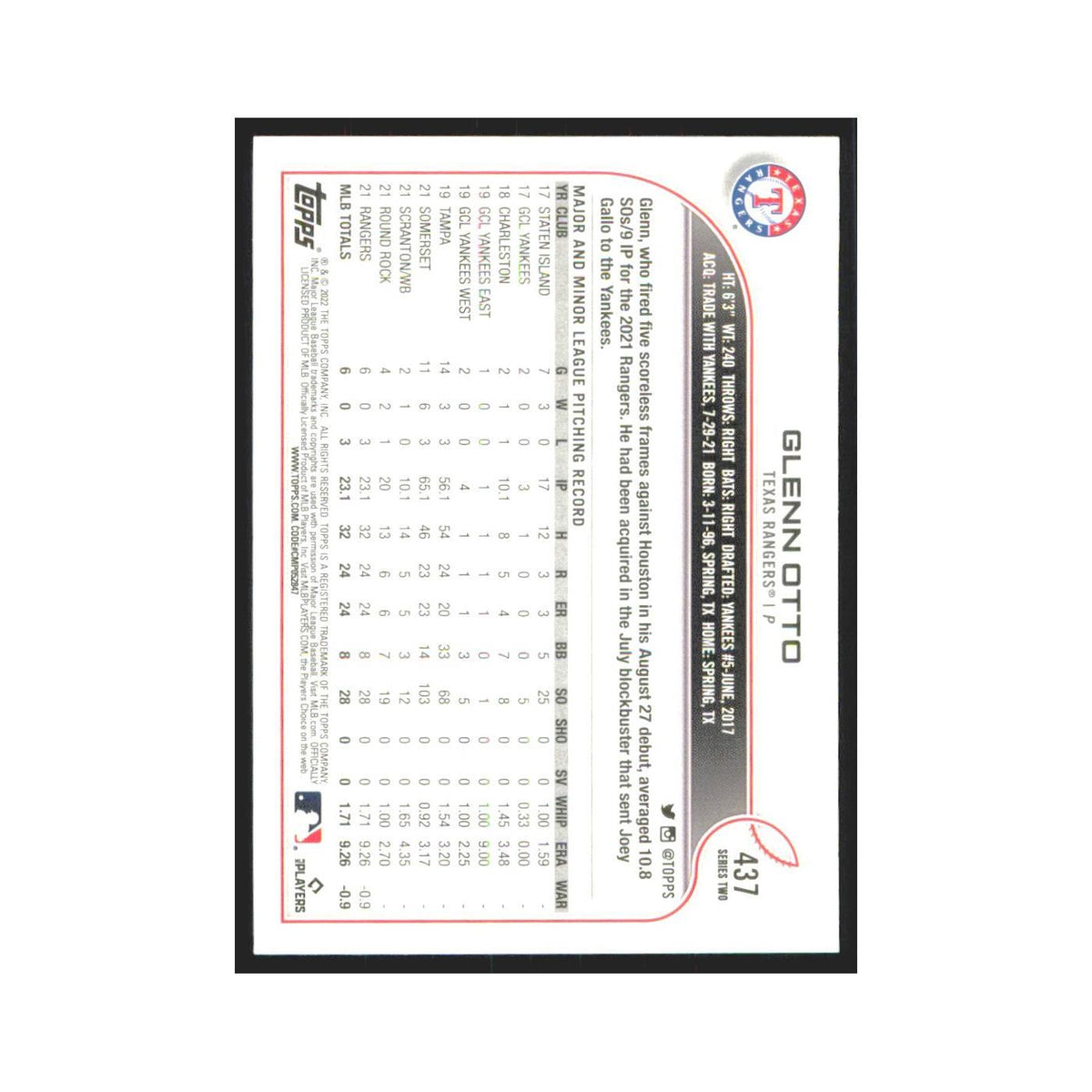 2022 Topps Glenn Otto RC Rangers #437