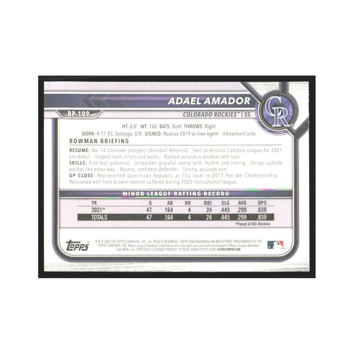 2022 Bowman Prospects Adael Amador Rockies #BP-109