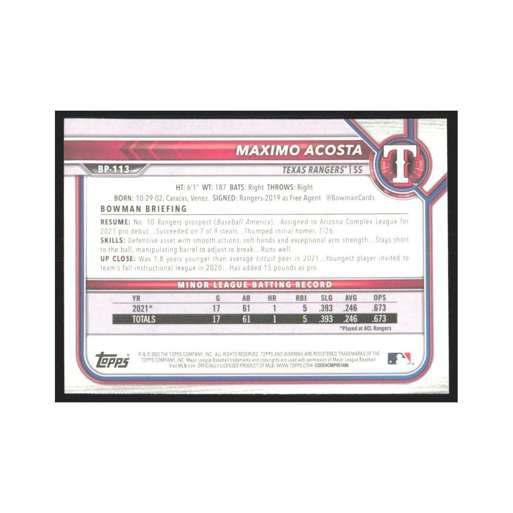 2022 Bowman Prospects Maximo Acosta Rangers #BP-113