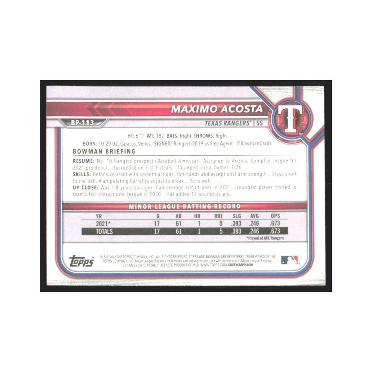 2022 Bowman Prospects Maximo Acosta Rangers #BP-113