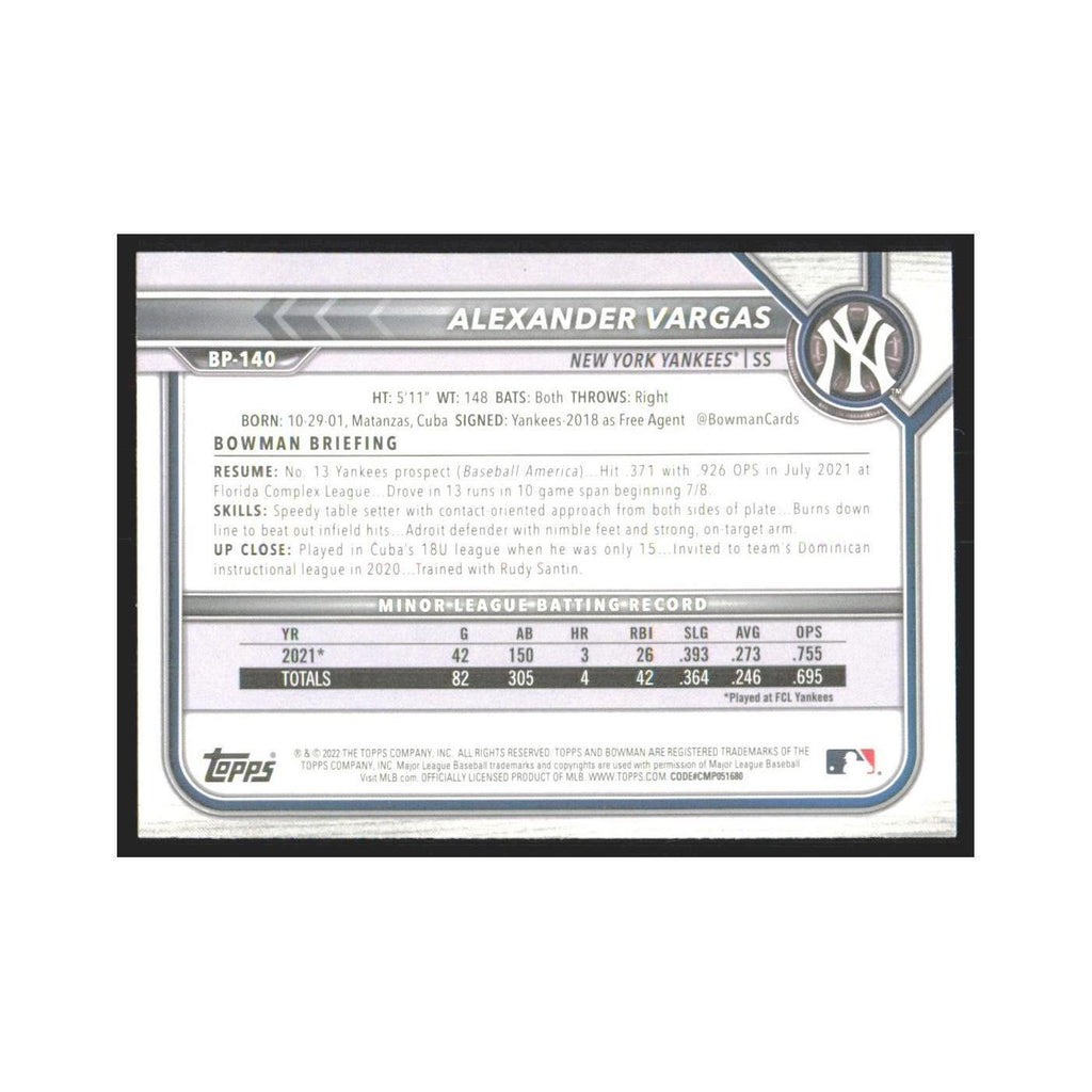 2022 Bowman Prospects Alexander Vargas Yankees #BP-140