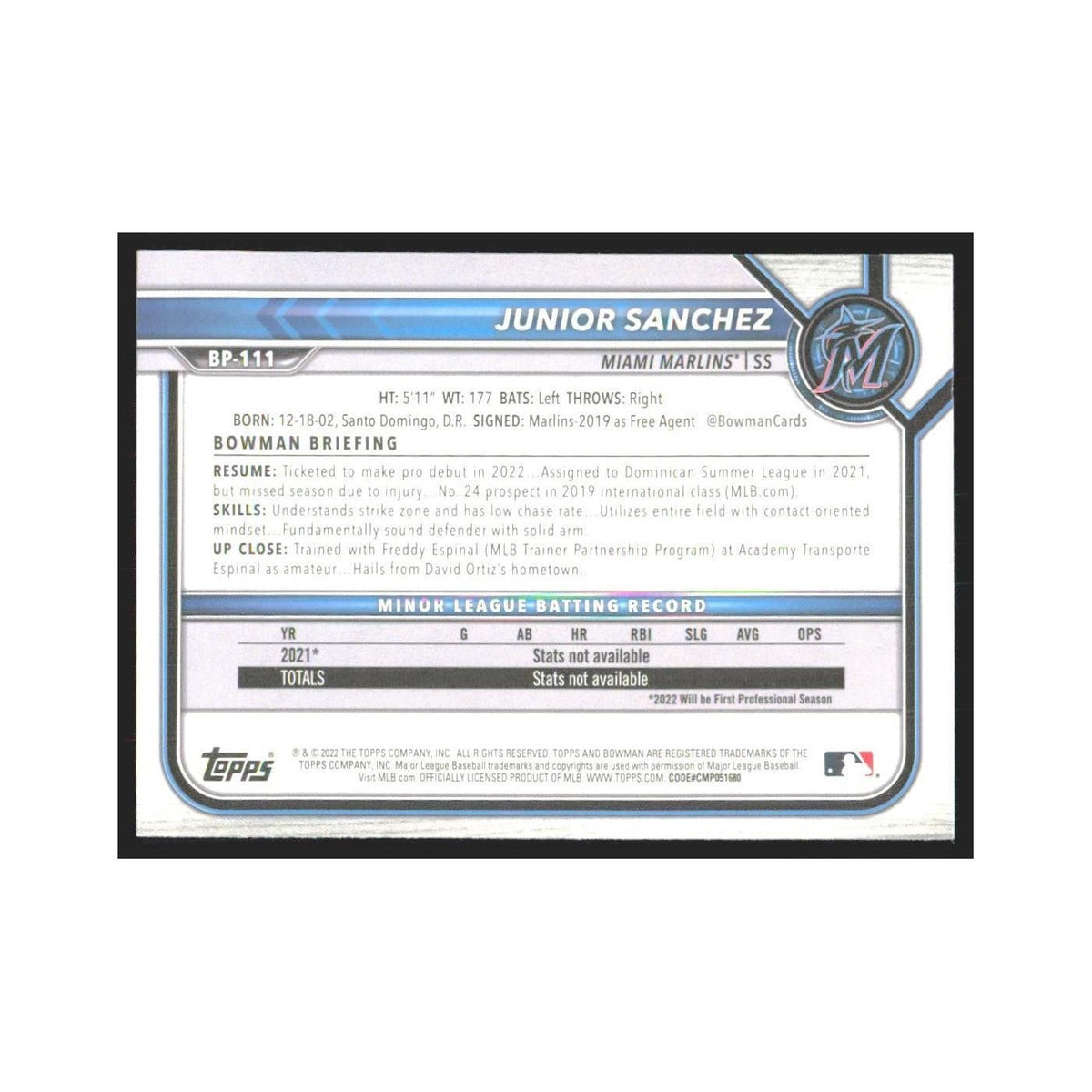 2022 Bowman Prospects Junior Sanchez Marlins #BP-111