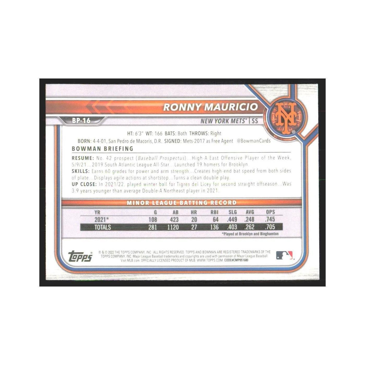 2022 Bowman Prospects Ronny Mauricio Mets #BP-16