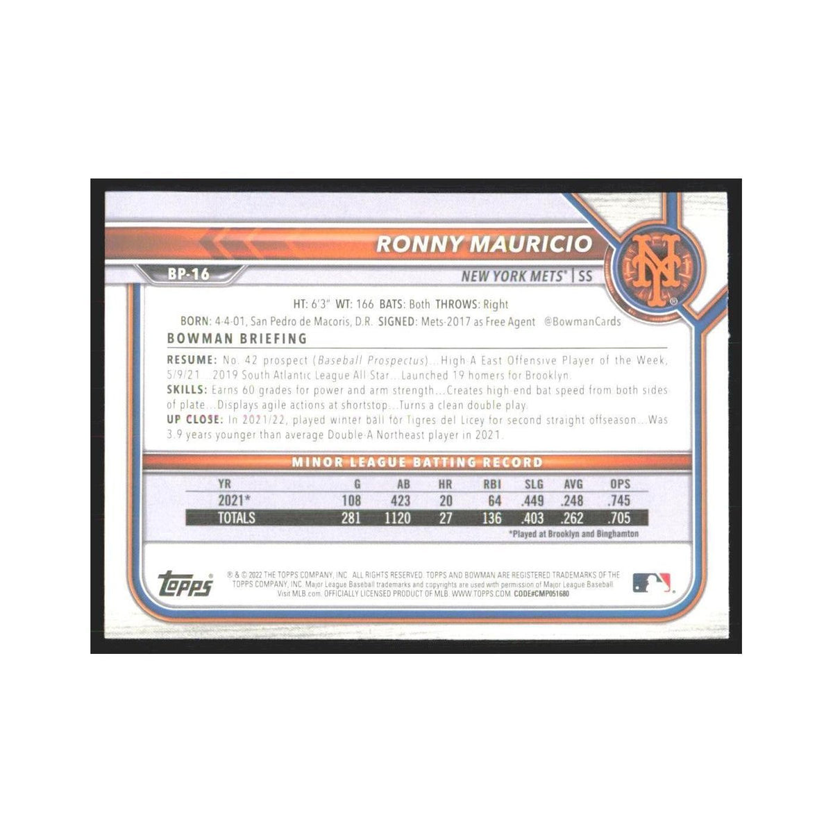 2022 Bowman Prospects Ronny Mauricio Mets #BP-16