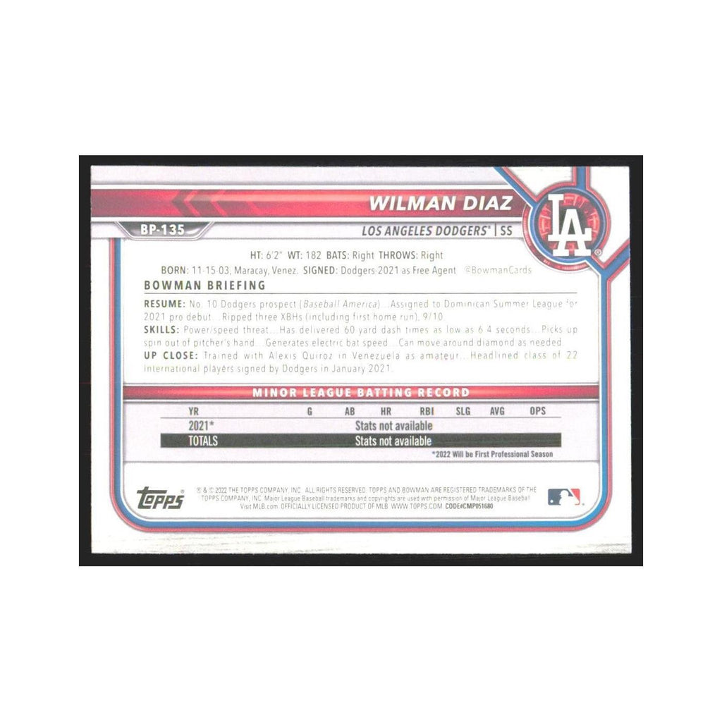2022 Bowman Prospects Wilman Diaz Dodgers #BP-135