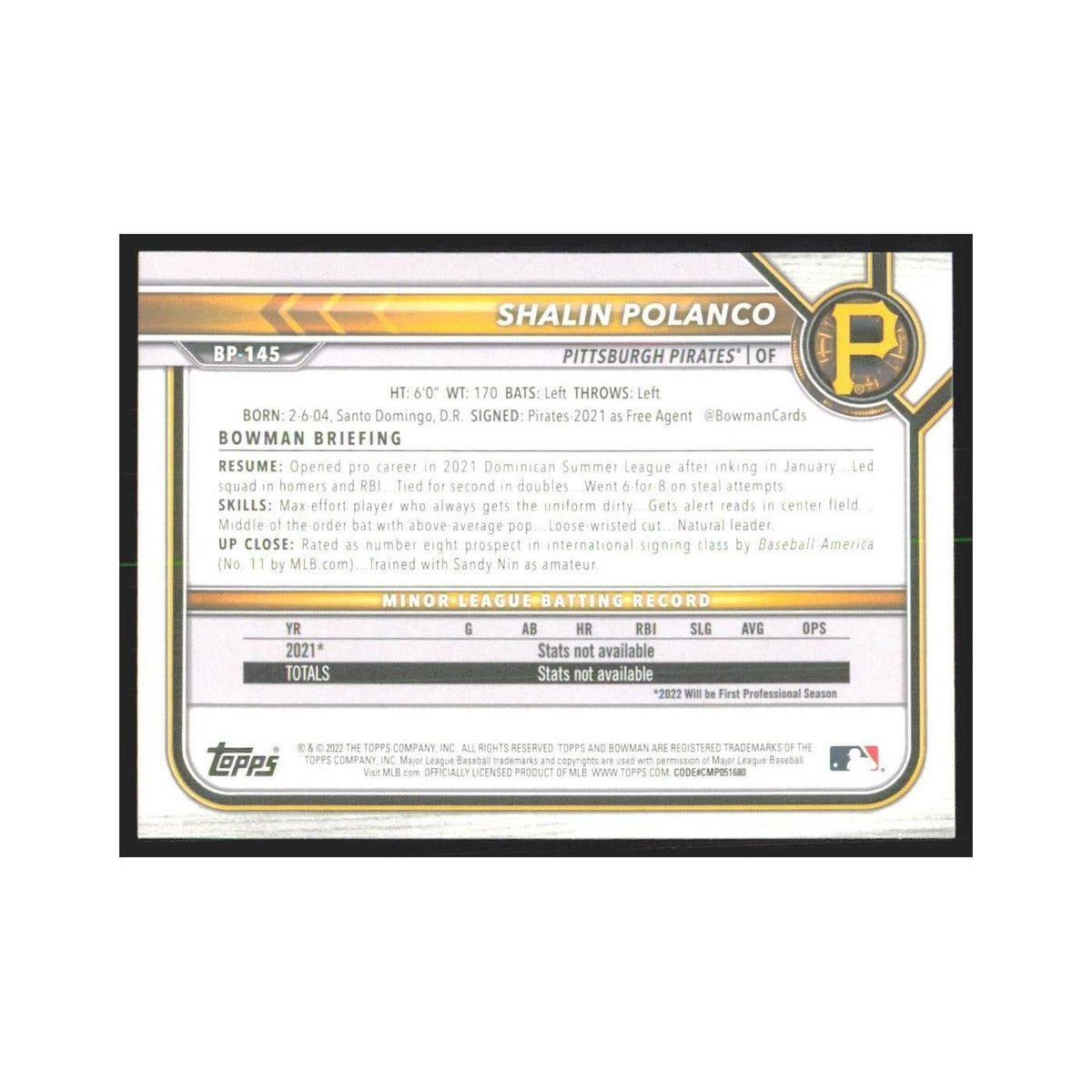2022 Bowman Prospects Shalin Polanco Pirates #BP-145