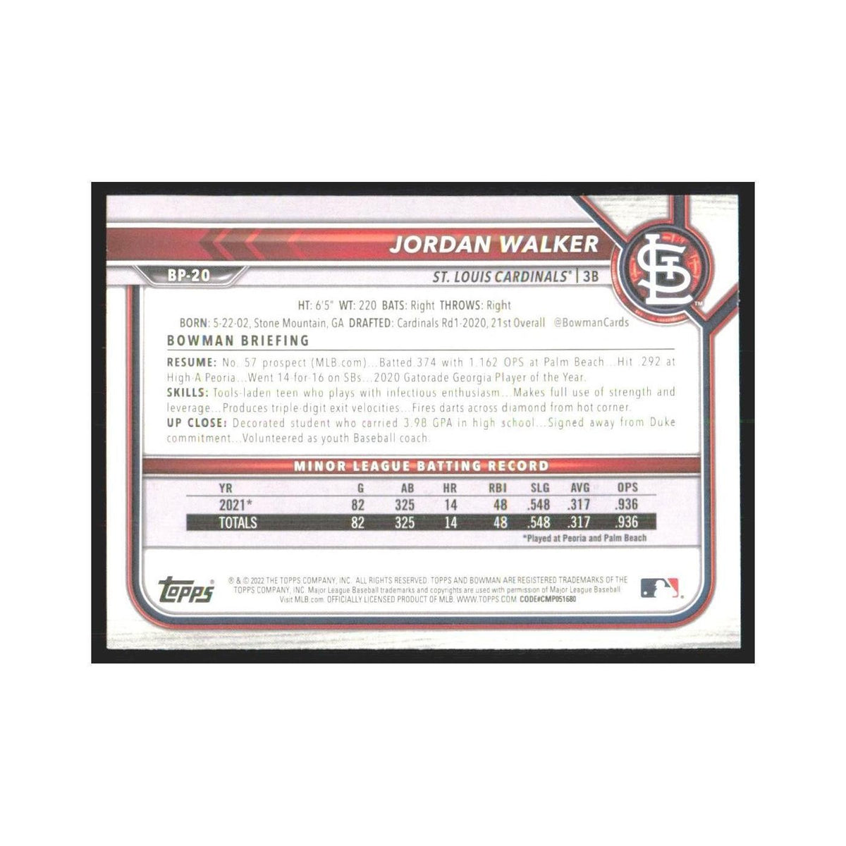 2022 Bowman Prospects Jordan Walker Cardinals #BP-20