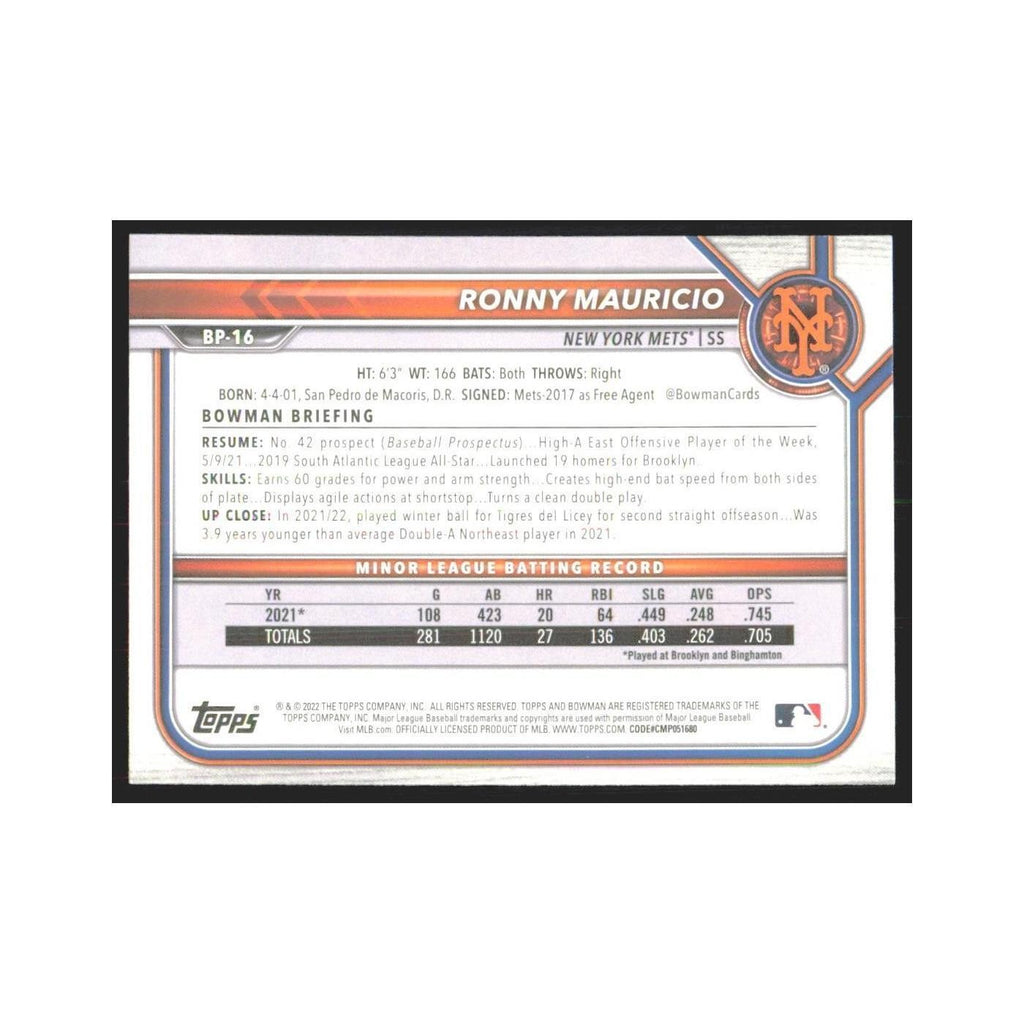 2022 Bowman Prospects Ronny Mauricio Mets #BP-16