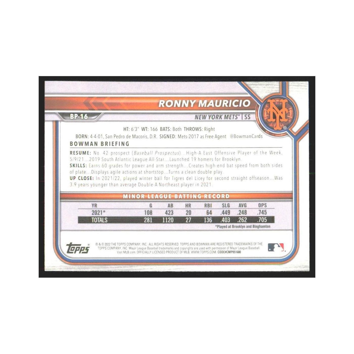 2022 Bowman Prospects Ronny Mauricio Mets #BP-16