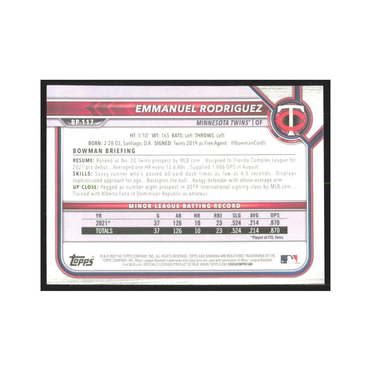 2022 Bowman Prospects Emmanuel Rodriguez Twins #BP-117