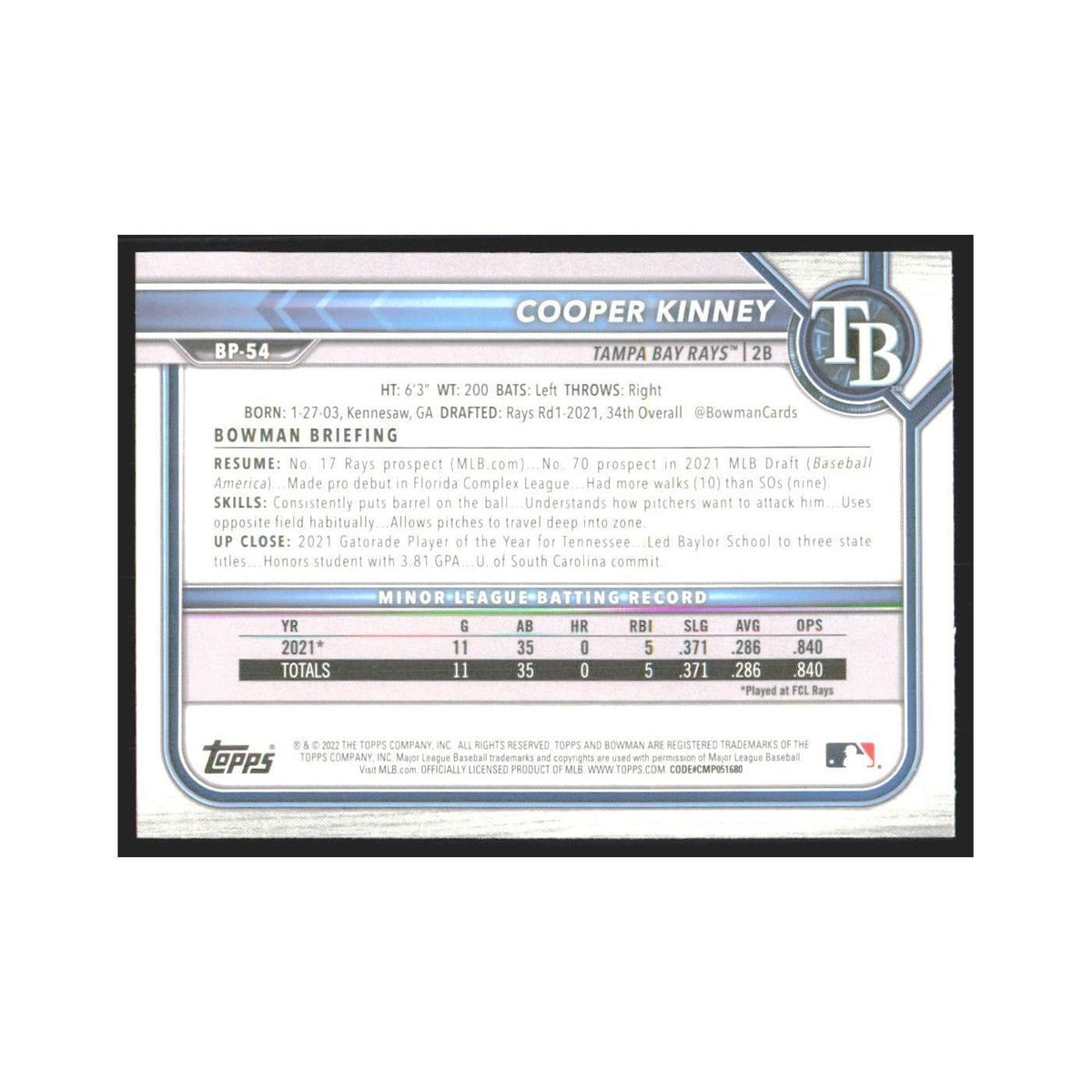2022 Bowman Prospects Cooper Kinney Rays #BP-54