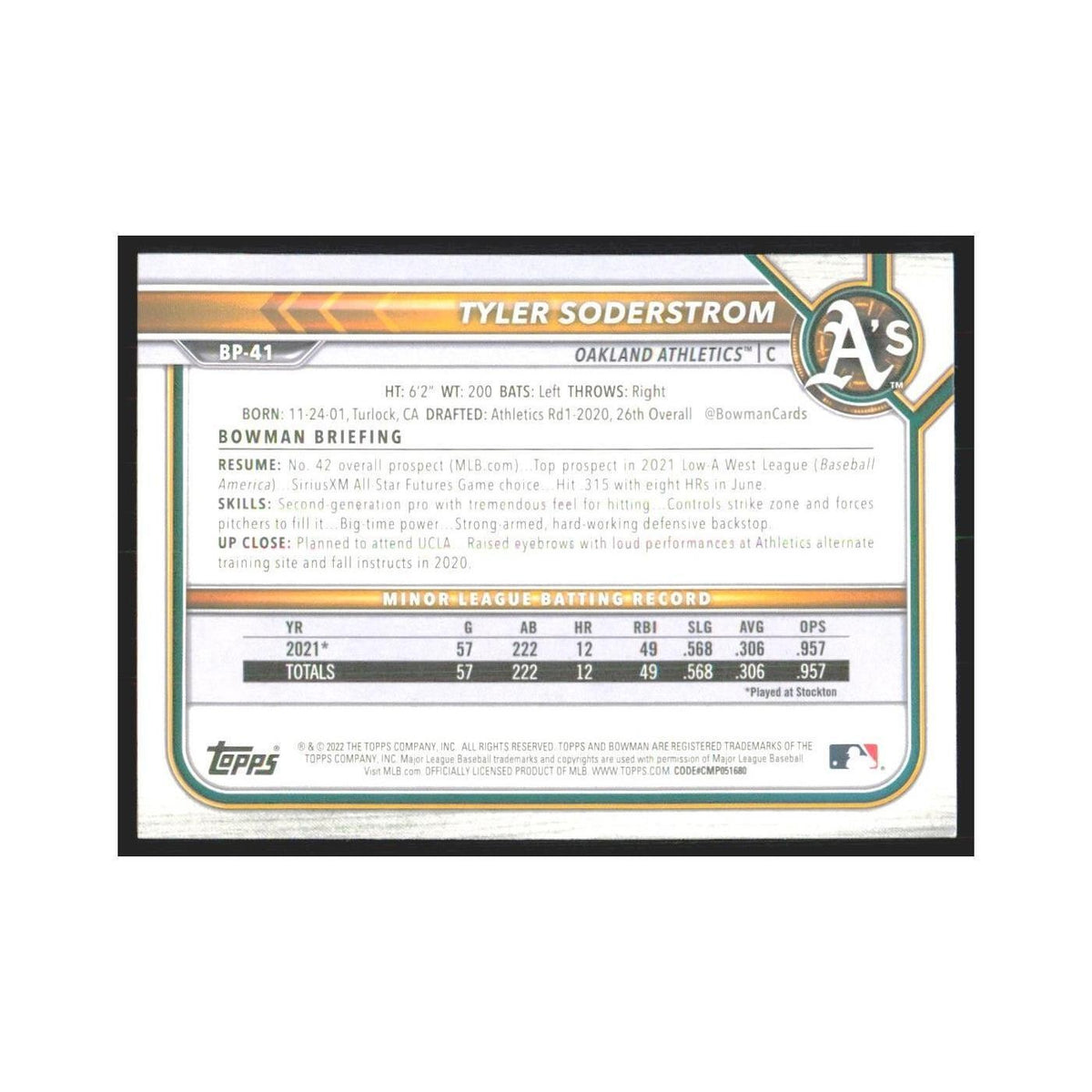 2022 Bowman Prospects Tyler Soderstrom Athletics #BP-41