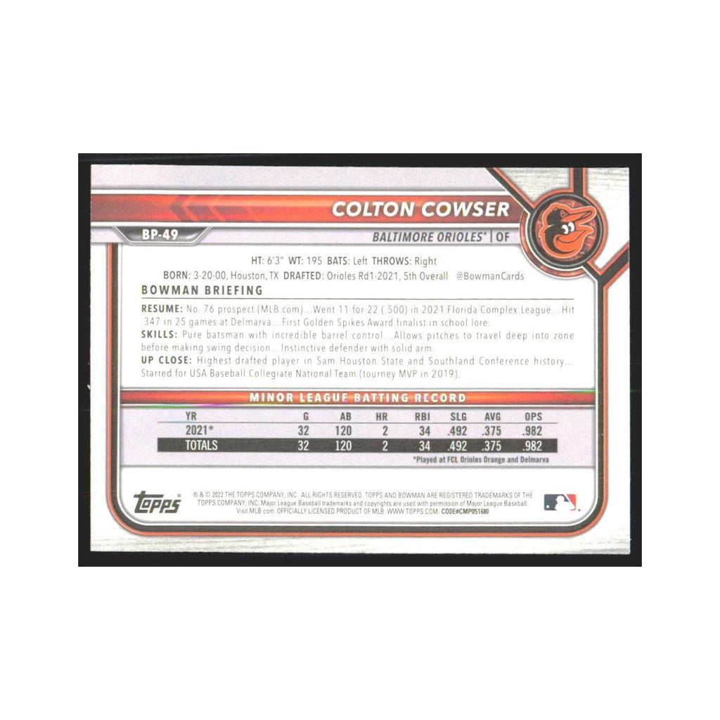2022 Bowman Prospects Colton Cowser Orioles #BP-49