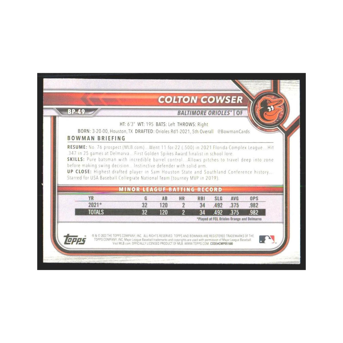 2022 Bowman Prospects Colton Cowser Orioles #BP-49