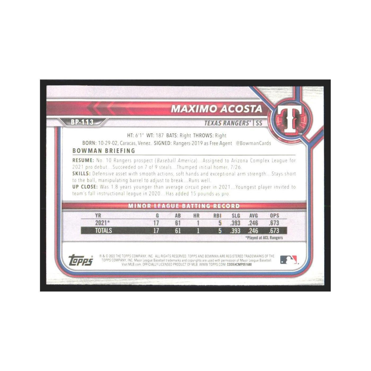2022 Bowman Prospects Maximo Acosta Rangers #BP-113