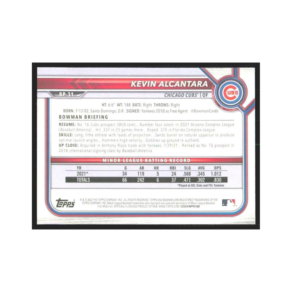 2022 Bowman Prospects Kevin Alcantara Cubs #BP-31