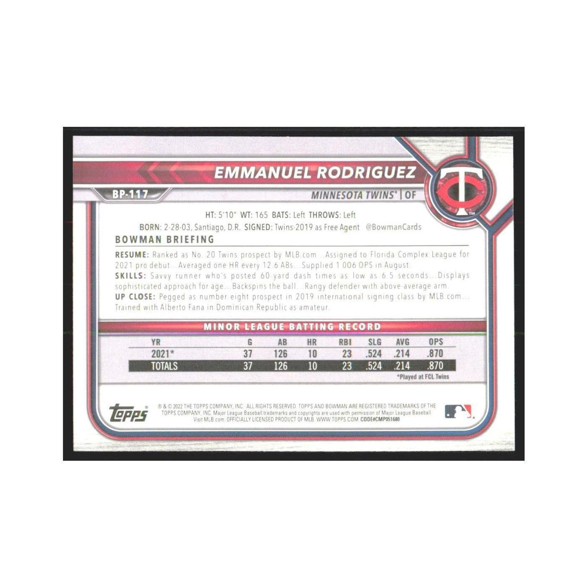 2022 Bowman Prospects Emmanuel Rodriguez Twins #BP-117
