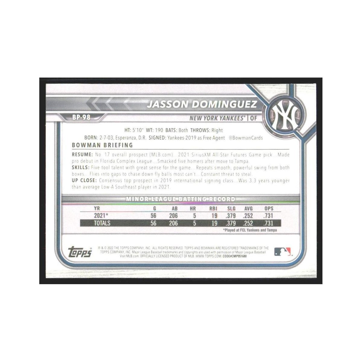 2022 Bowman Prospects Jasson Dominguez Yankees #BP-98