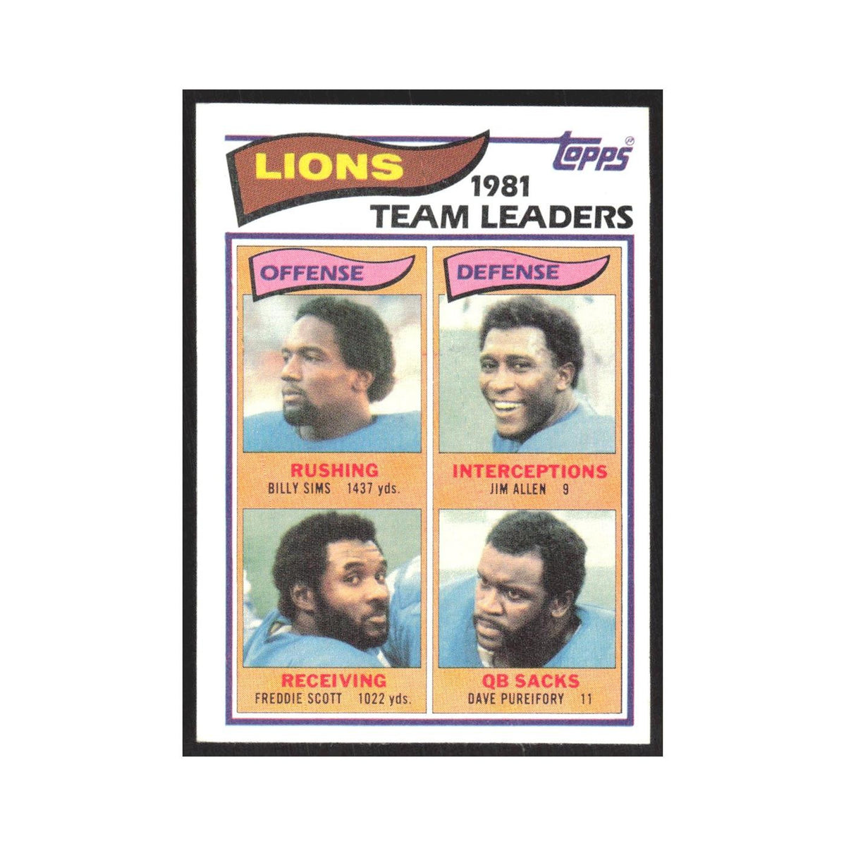 1982 Topps Billy Sims/Jim Allen/Freddie Scott/Dave Pureifory Lions #333