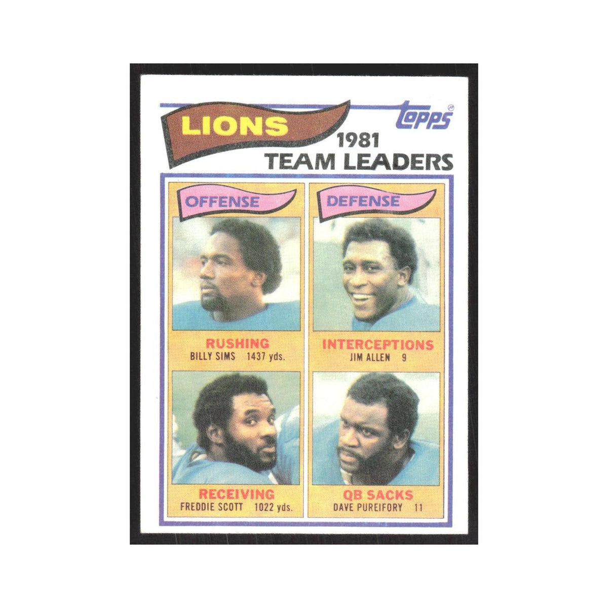1982 Topps Billy Sims/Jim Allen/Freddie Scott/Dave Pureifory Lions #333