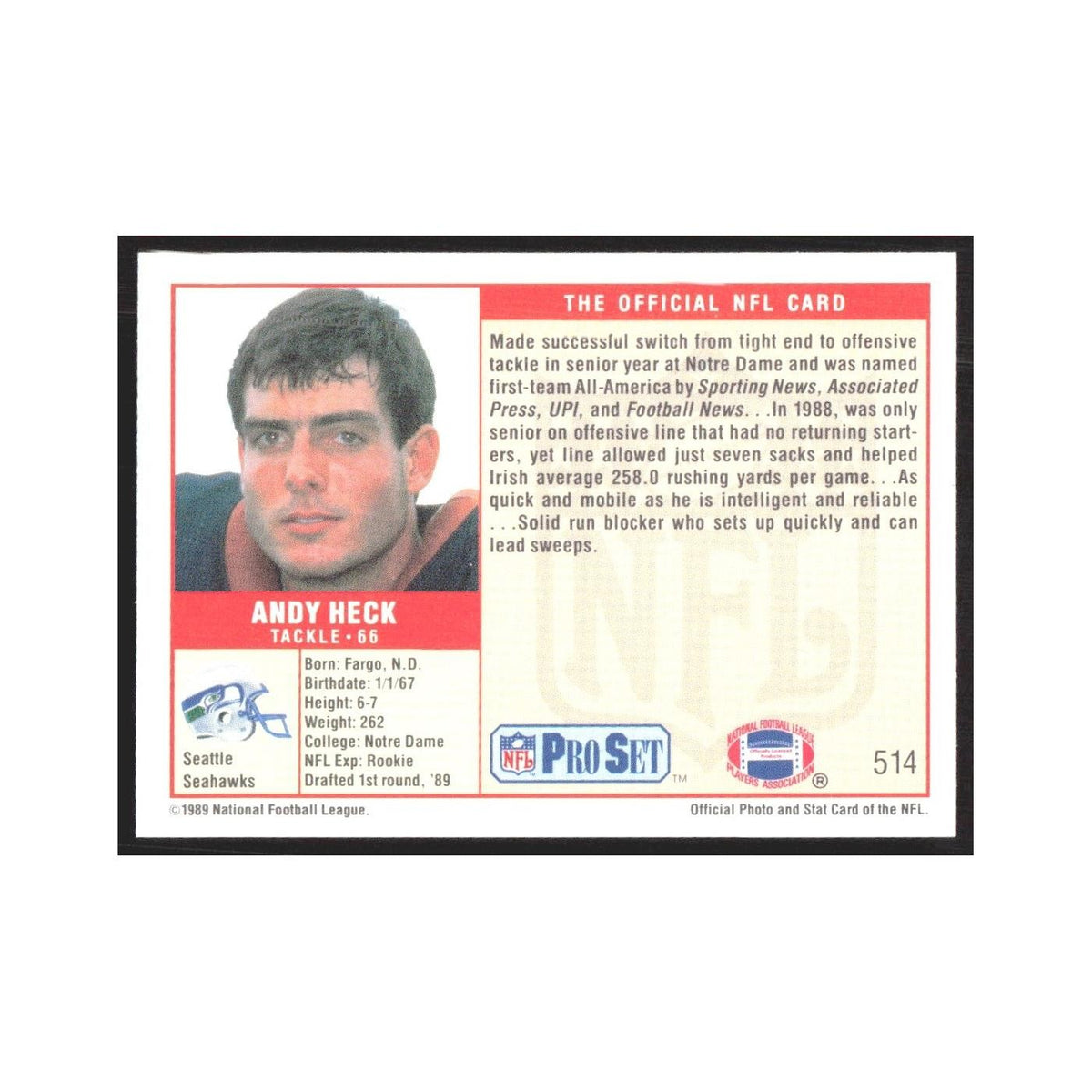 1989 Pro Set Andy Heck Seahawks #514