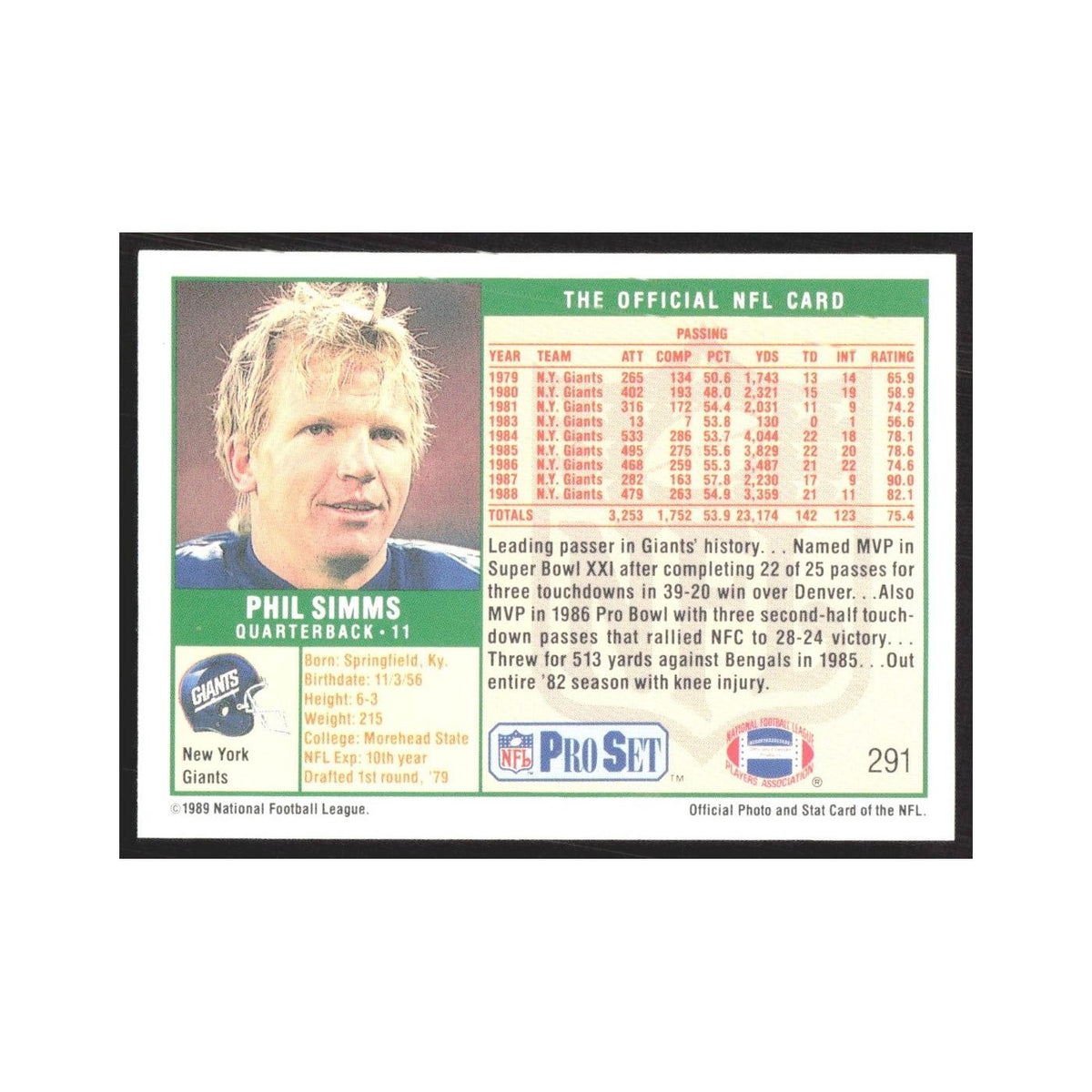 1989 Pro Set Phil Simms Giants #291