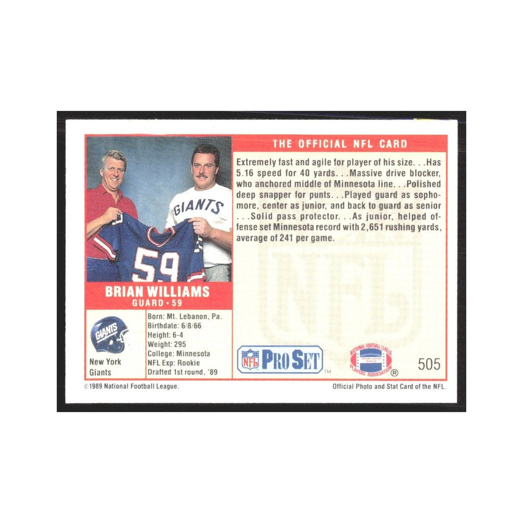 1989 Pro Set Brian Williams Giants #505