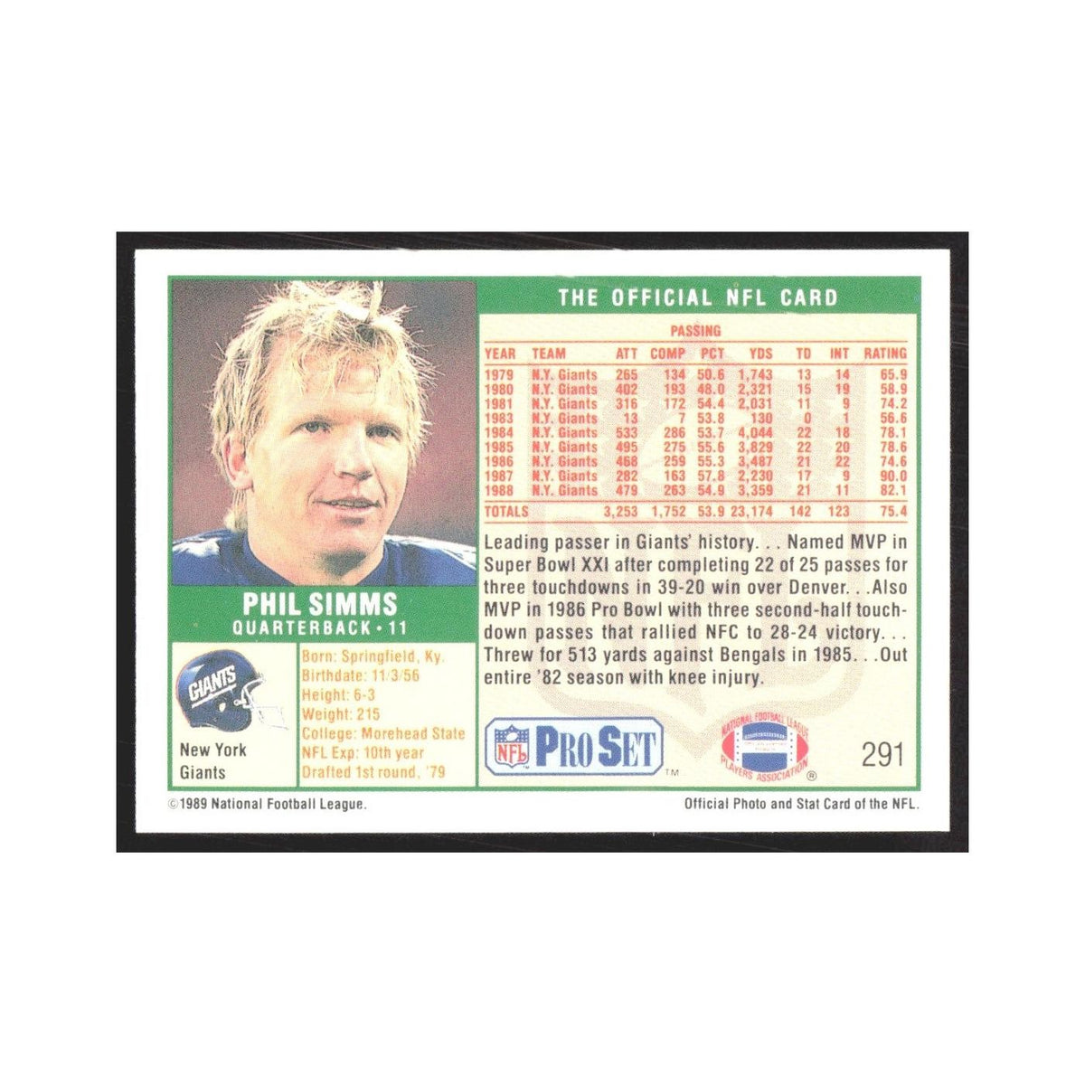 1989 Pro Set Phil Simms Giants #291
