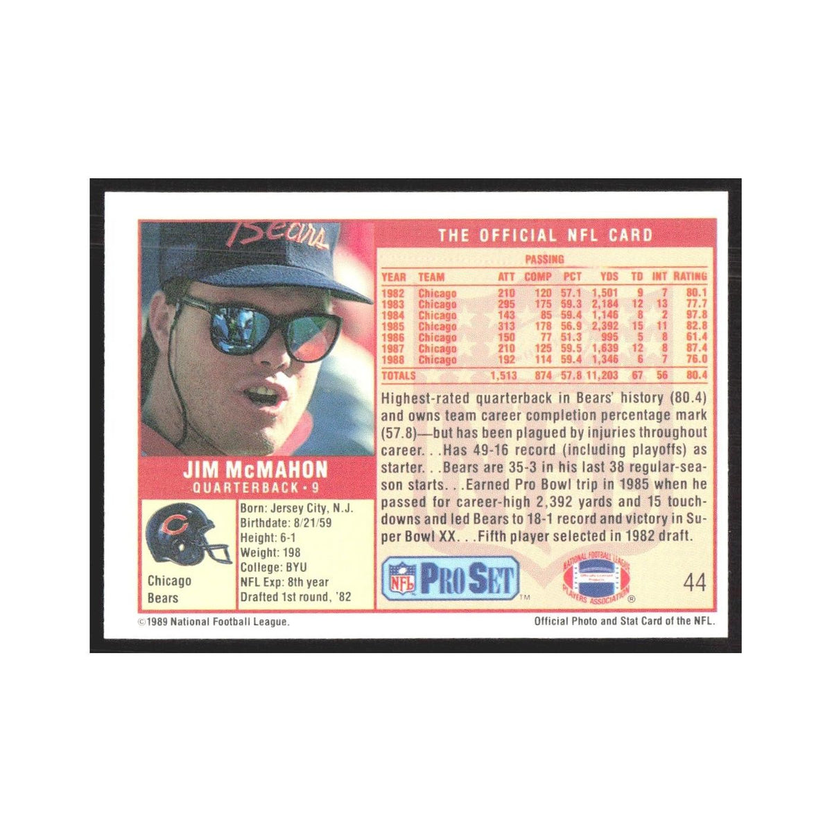 1989 Pro Set Jim McMahon Bears #44