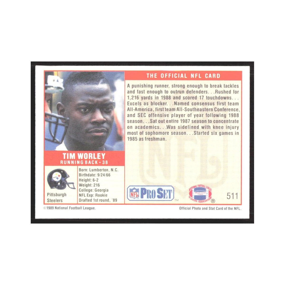 1989 Pro Set Tim Worley Steelers #511