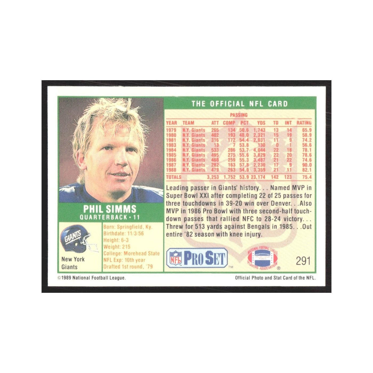 1989 Pro Set Phil Simms Giants #291