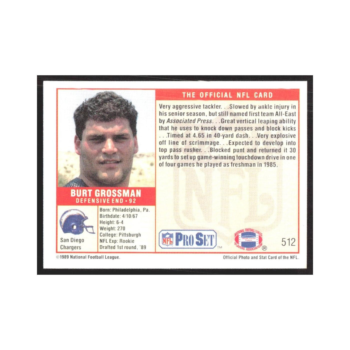 1989 Pro Set Burt Grossman San Diego Chargers #512
