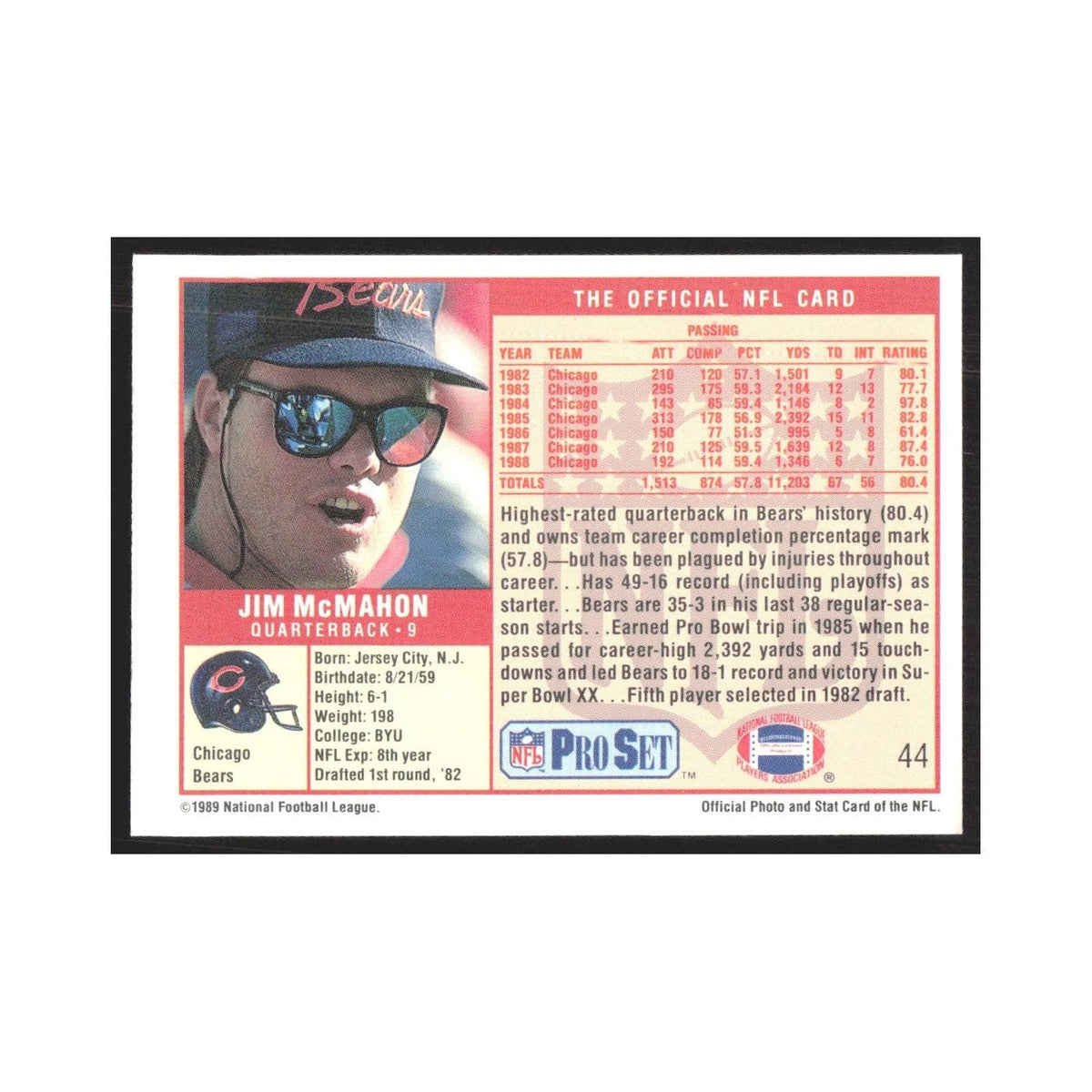 1989 Pro Set Jim McMahon Bears #44