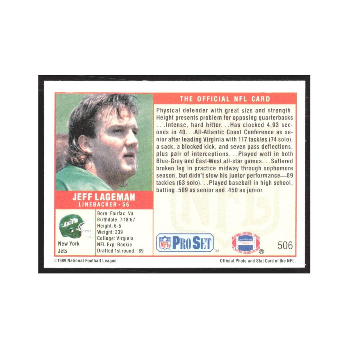 1989 Pro Set Jeff Lageman Jets #506