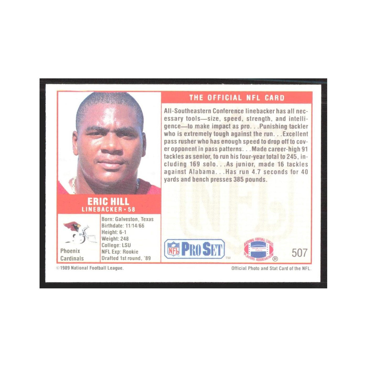 1989 Pro Set Eric Hill Phoenix Cardinals #507