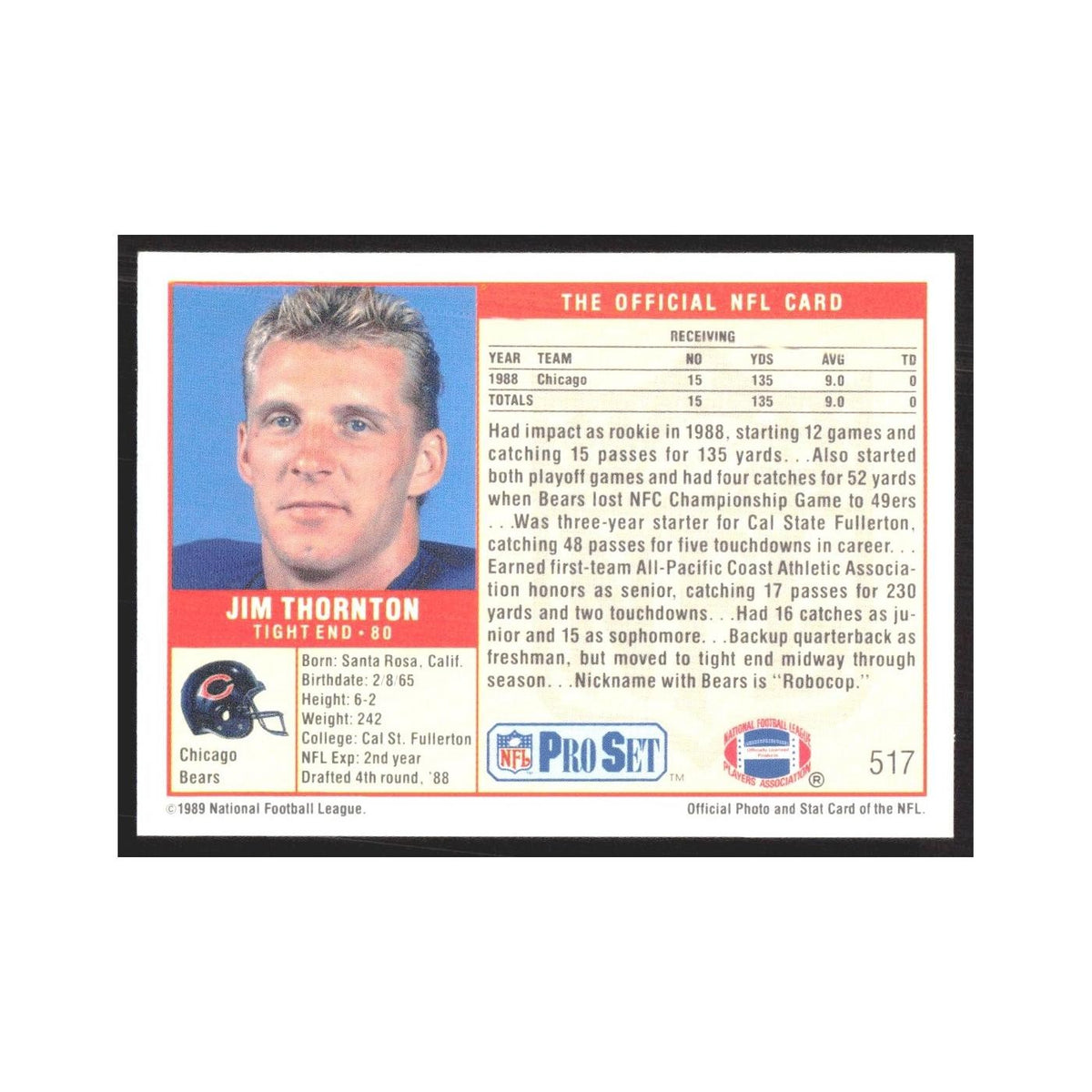 1989 Pro Set Jim Thornton Bears #517