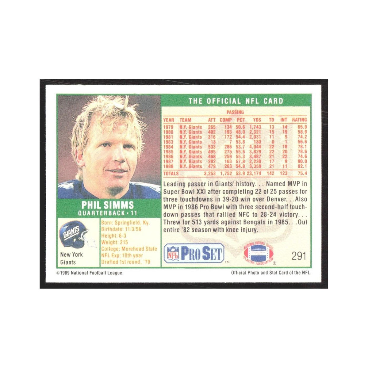 1989 Pro Set Phil Simms Giants #291